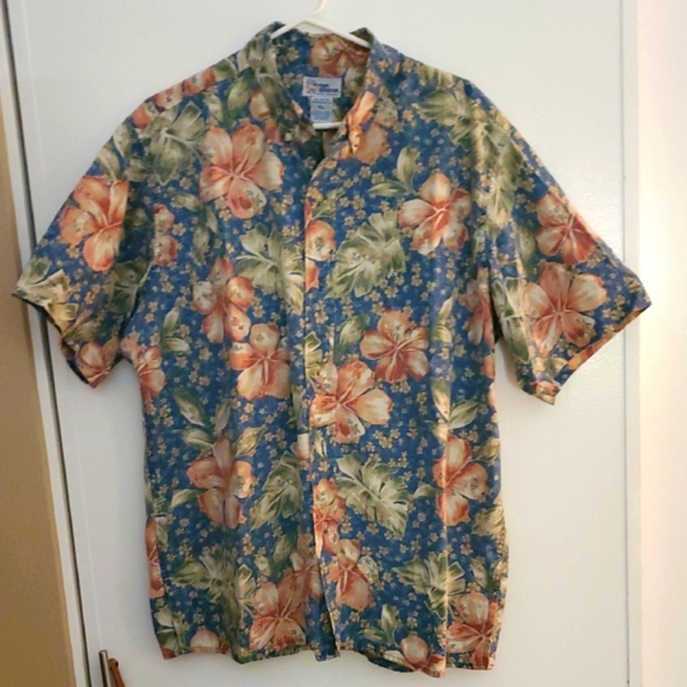 Reyn Spooner Blue and Orange Floral Hawaiian Shirt